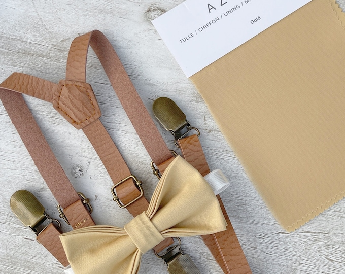 Gold Bow Tie & Leather Skinny Suspenders , Men's pocket square , Light brown braces  , Boy's Ring Bearer gift , Groomsmen Wedding outfit
