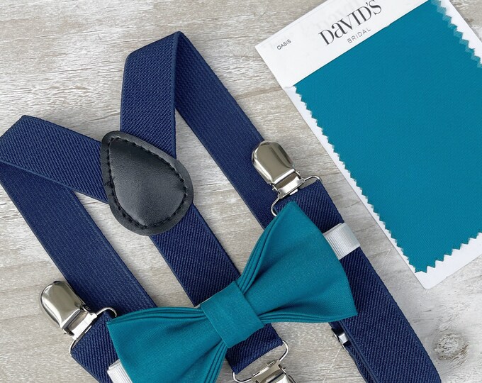 Oasis Blue Bow Tie & Navy Blue Suspenders , Marine braces , Men's pocket square , Boy's Ring Bearer gift , Groomsmen Wedding outfit