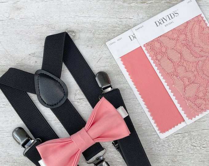 Parfait Coral Bow Tie & Black Suspenders , Men's Braces , Boy's Ring Bearer gift , Groomsmen Wedding outfit