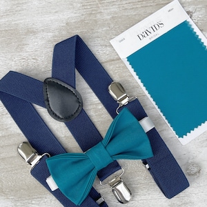 Oasis Blue Bow Tie & Navy Blue Suspenders , Marine braces , Men&#39;s pocket square , Boy&#39;s Ring Bearer gift , Groomsmen Wedding outfit