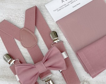 Dusty Rose Bow Tie & Suspenders , Men's pocket square , Boy's Ring Bearer gift , Groomsmen Gift , Wedding Groom outfit