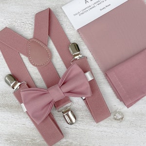 Dusty Rose Bow Tie & Suspenders , Men's pocket square , Boy's Ring Bearer gift , Groomsmen Gift , Wedding Groom outfit image 1