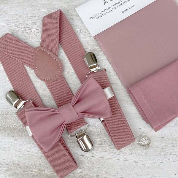 Dusty Rose Bow Tie & Suspenders , Men's pocket square , Boy's Ring Bearer gift , Groomsmen Gift , Wedding Groom outfit