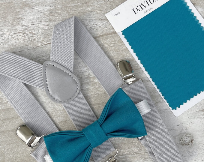 Oasis Blue Bow Tie & Light Gray Suspenders , Groom braces , Men's pocket square , Boy's Ring Bearer gift , Groomsmen Wedding outfit