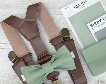 Matcha Sage Meadow Bow Tie & Leather Brown Suspenders , Men's pocket square , Boy's Ring Bearer gift , Groomsmen Wedding outfit