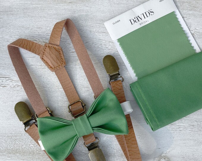 Clover Green Bow Tie & Skinny Leather Light brown Suspenders , Men's pocket square , Boy's Ring Bearer gift , Groomsmen Wedding outfit