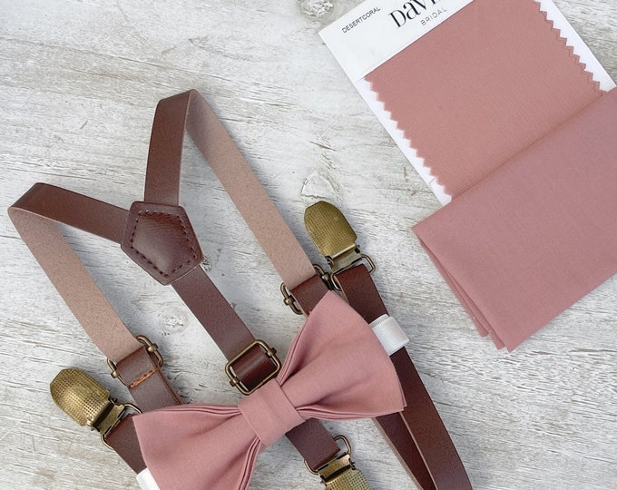 Desert Coral Bow Tie & Leather Skinny Suspenders , Brown braces , Men's pocket square , Boy's Ring Bearer gift , Groomsmen Wedding outfit