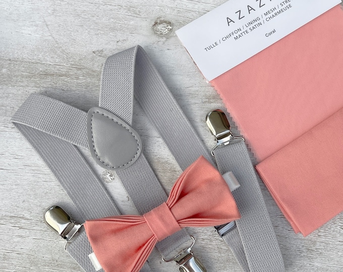 Salmon Coral Bow Tie & Light Gray Suspenders , Men's pocket square , Boy's Ring Bearer gift , Groomsmen Wedding outfit , mystic braces