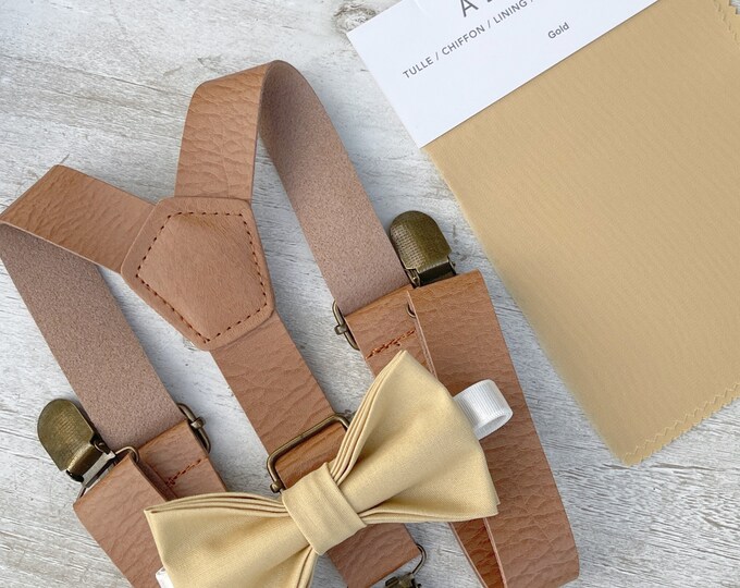 Gold Bow Tie & Leather Light Brown Suspenders , Men's pocket square , Boy's Ring Bearer gift , Groomsmen Gift , Wedding Groom outfit