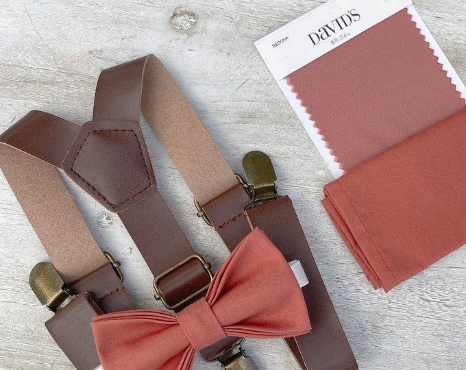 Sedona Bow Tie & Leather Suspenders , Brown braces , Men's pocket square , Boy's Ring Bearer gift , Groomsmen Wedding outfit