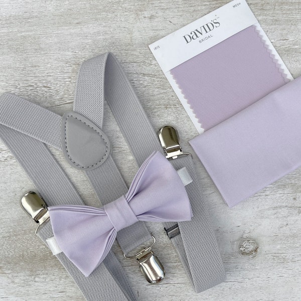 Iris Purple Bow Tie & Light Gray Suspenders , Men's pocket square , Boy's Ring Bearer gift , Groomsmen Gift , Wedding Groom outfit