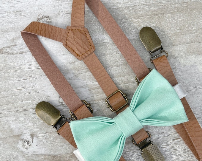 Mint Green Bow Tie & Leather Skinny Suspenders , Light Brown Braces , Men's pocket square , Boy's Ring Bearer gift , Groomsmen Wedding set