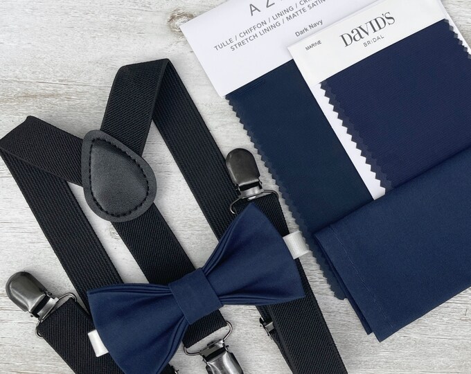 Navy Bow tie & Suspenders | Black Braces | Marine Blue Bowtie | Pocket Square | Ring Bearer Outfit | Boho Rustic Wedding