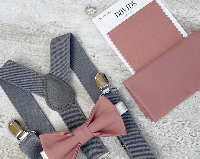 Desert Coral Bow Tie & Gray Suspenders , Groom braces , Men's pocket square , Boy's Ring Bearer gift , Groomsmen Wedding outfit