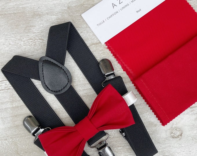 Apple Red  Bow Tie & Black Suspenders , Men's pocket square , Boy's Ring Bearer gift , Groomsmen Wedding outfit , Cake Smash set