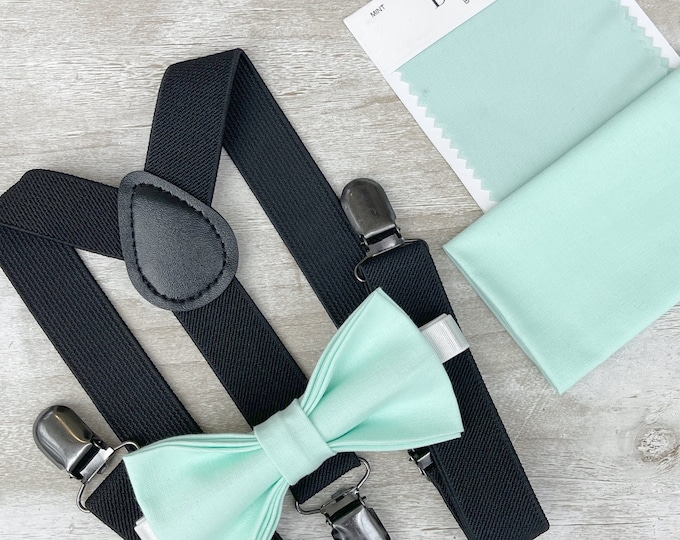 Mint Bow Tie & Black Suspenders , Men's pocket square , Boy's Ring Bearer gift , Groomsmen Wedding outfit , Cake Smash set