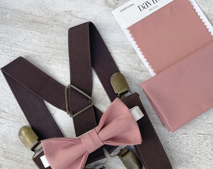 Desert Coral Bow Tie & Coffee Brown Suspenders , X- back braces , Men's pocket square , Boy's Ring Bearer gift , Groomsmen Wedding outfit