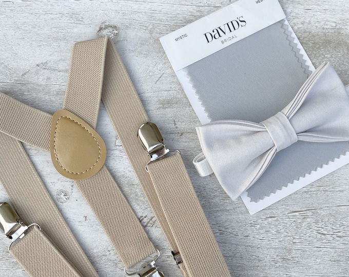 Pale Gray Bow Tie & Champagne Tan Suspenders , Men's Braces , Boy's Ring Bearer gift , Groomsmen Gift , Wedding Groom best Man outfit