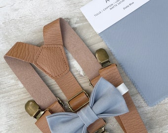 Dusty Blue Bow Tie & Leather Suspenders , pocket square , Men's Light Brown braces , Boy's Ring Bearer gift , Groomsmen Wedding outfit