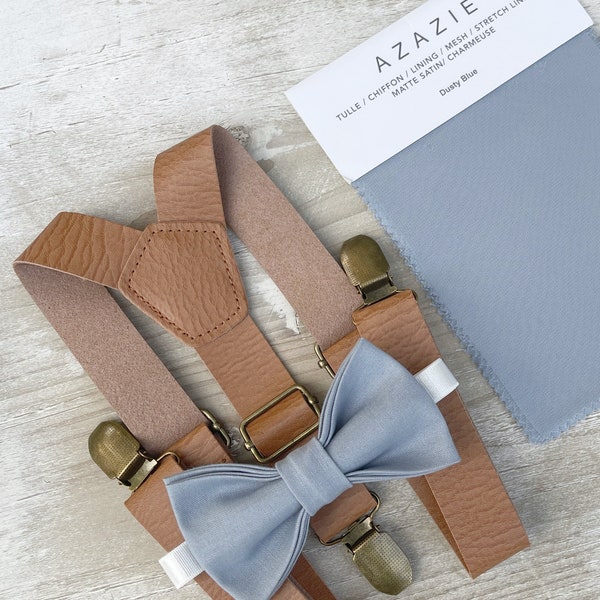 Dusty Blue Bow Tie & Leather Suspenders , pocket square , Men's Light Brown braces , Boy's Ring Bearer gift , Groomsmen Wedding outfit