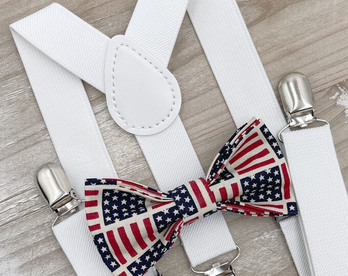 USA Flag Bow Tie & White Suspenders , Men's braces , Boy's Independence day costume , Patriotic outfit , July 4th set , Baptism suspenders