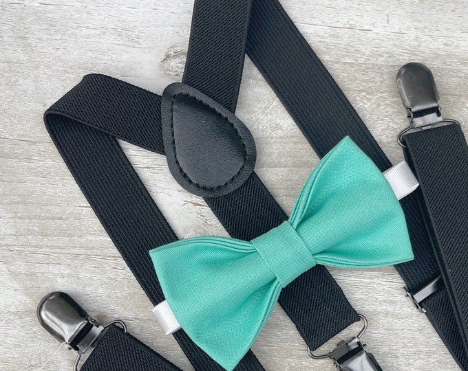 Dark Mint Bow Tie & Black Suspenders , Men's braces , Boy's Ring Bearer gift , Groomsmen Wedding outfit