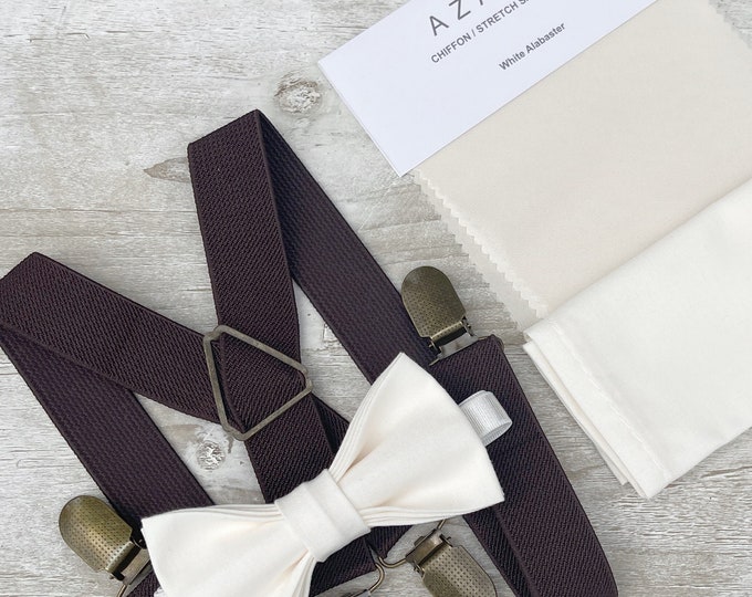 White Alabaster Ecru Bow Tie & Coffee Brown Suspenders , x - back braces , Men's Pocket Square , Boy's Ring Bearer Groomsmen Wedding outfit