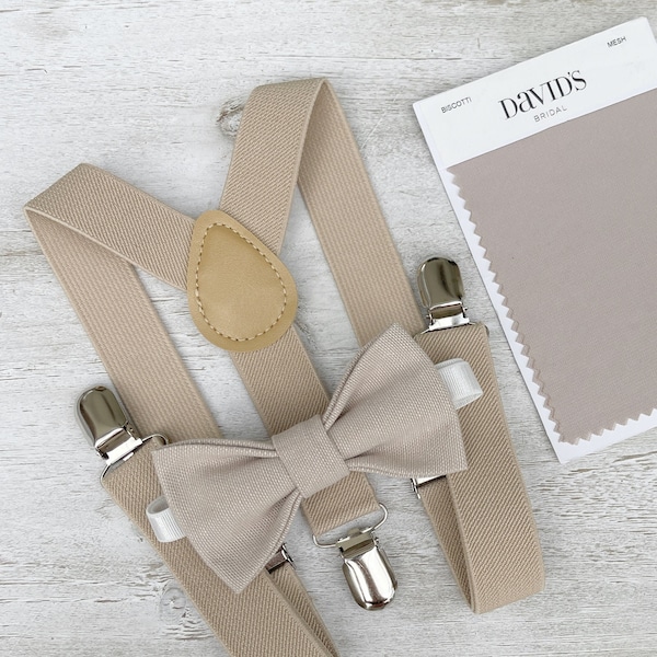 Linen Frost Biscotti Bow Tie & Champagne Tan Suspenders , Men's khaki braces , Boy's Ring Bearer gift , Groomsmen Wedding outfit