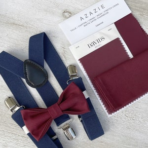 Cabernet Wine Bow Tie & Navy Blue Suspenders , Men's pocket square , Boy's Ring Bearer Toddler gift , Groomsmen Gift , Wedding Groom outfit