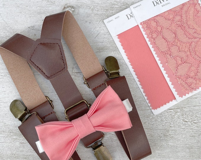 Coral Parfait Bow Tie & Rustic Leather Suspenders , Men's bow tie , Boy's Ring Bearer gift , Groomsmen Gift , Wedding Groom outfit