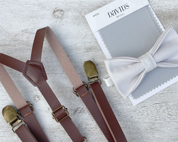 Pale Gray Bow Tie & Skinny Leather Suspenders , Men's Brown Braces , Boy's Ring Bearer gift , Groomsmen Wedding outfit