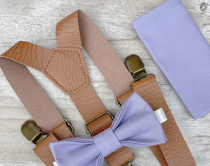 Lavender Purple Bow Tie & Leather Suspenders , Light Brown Braces , Men's pocket square , Boy's Ring Bearer gift , Groomsmen Wedding outfit