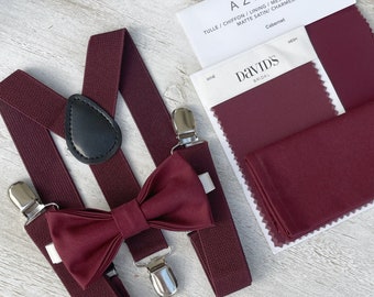 Cabernet Wine Bow Tie & Suspenders , Men's pocket square , Boy's Ring Bearer gift , Groomsmen Gift , Wedding Groom outfit