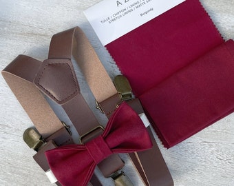 Burgundy Bow Tie & Brown Leather Suspenders , Men's pocket square , Boy's Ring Bearer gift , Groomsmen Gift , Wedding Groom outfit