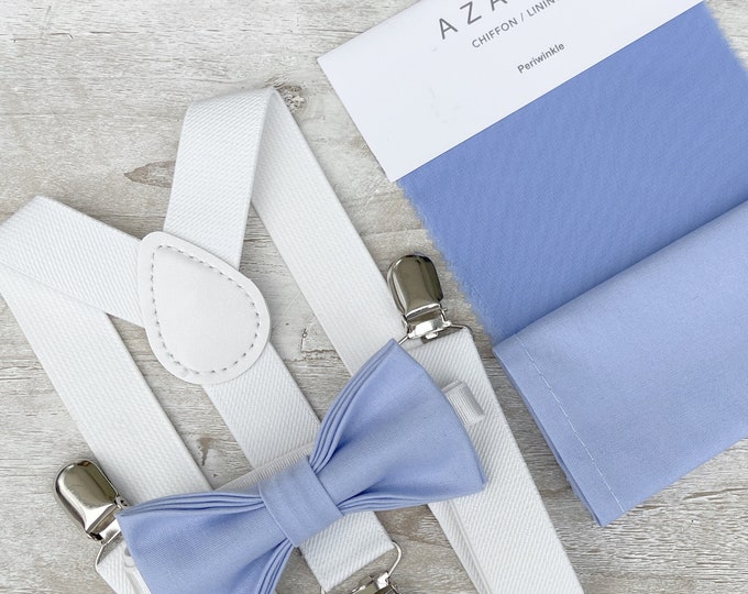 Periwinkle Bow Tie & White Suspenders , Men's pocket square , Boy's Ring Bearer Toddler gift , Groomsmen Gift , Wedding Groom outfit