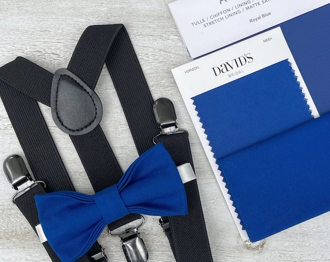 Royal Blue Bow Tie & Black Suspenders , Men's pocket square , Boy's Ring Bearer gift , Groomsmen Gift , Wedding Groom outfit