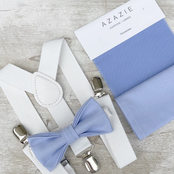 Periwinkle Bow Tie & White Suspenders , Men's pocket square , Boy's Ring Bearer Toddler gift , Groomsmen Gift , Wedding Groom outfit