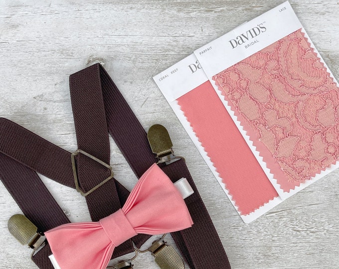 Parfait Coral Bow Tie & Coffee Brown Suspenders , Men's x - back braces , Boy's Ring Bearer gift , Groomsmen Wedding outfit
