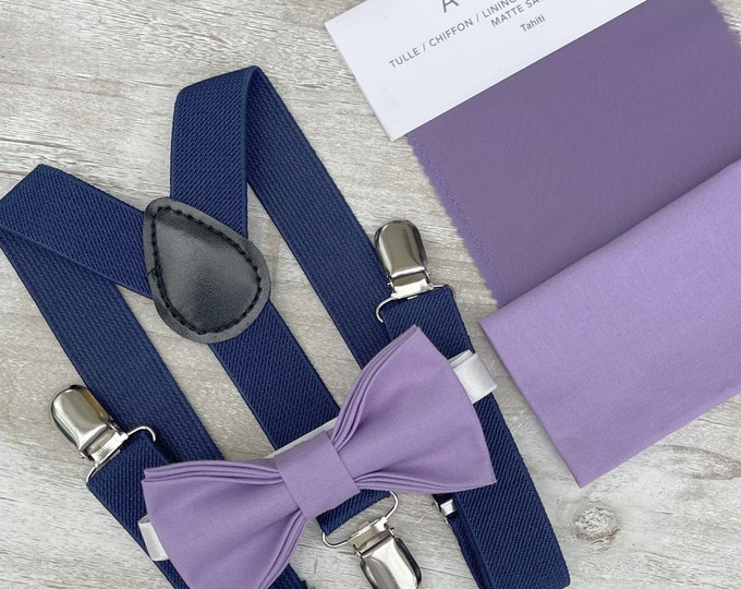 Tahiti Purple Bow Tie & Navy Blue Suspenders , Men's pocket square , Boy's Ring Bearer gift , Groomsmen Gift , Wedding Groom outfit
