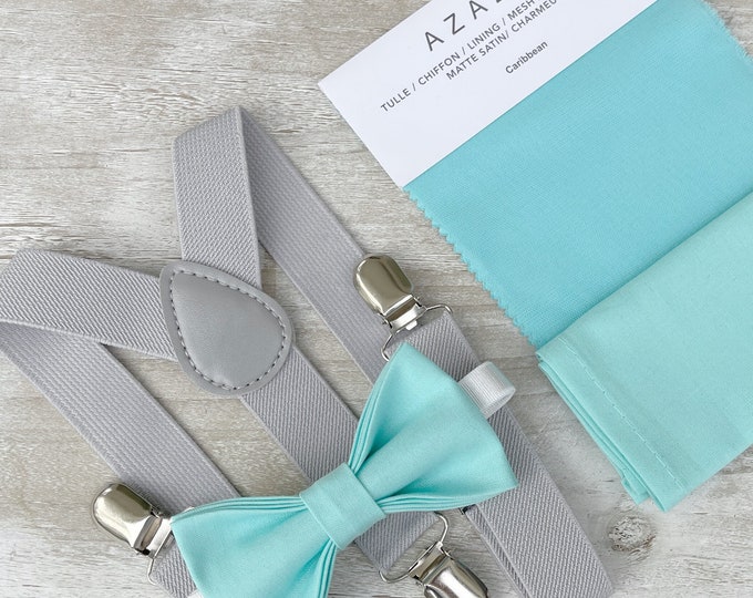 Aqua Blue Bow Tie & Light Gray Suspenders , Men's pocket square , Boy's Ring Bearer gift , Groomsmen Wedding outfit , Groom Braces