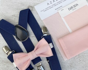 Blush Petal Pink Bow Tie & Navy Blue Suspenders , Marine Braces , Men's pocket square , Boy's Ring Bearer gift , Groomsmen Wedding outfit