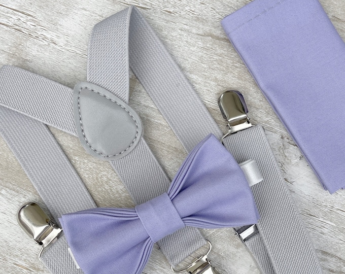 Lavender Purple Bow Tie & Light Gray Suspenders , Groom  Braces , Men's pocket square , Boy's Ring Bearer gift , Groomsmen Wedding outfit