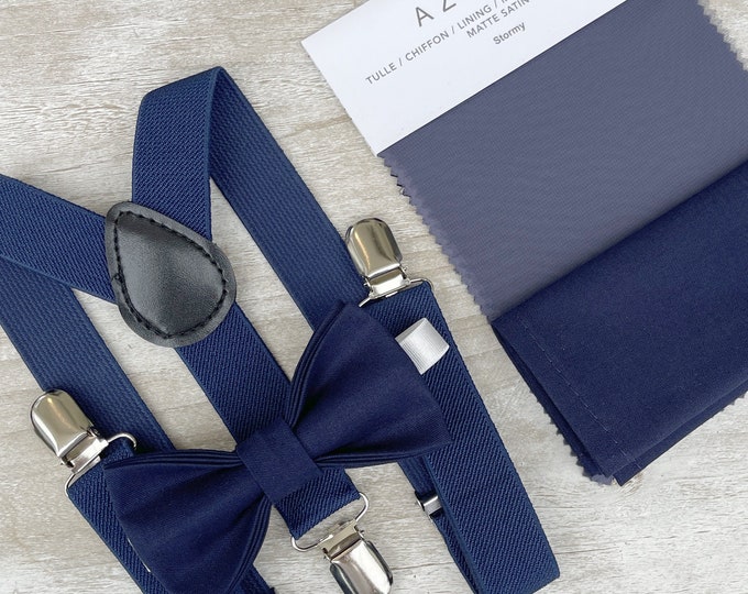 Stormy Blue Bow Tie & Navy Suspenders , Men's pocket square , Boy's Ring Bearer gift , Groomsmen outfit  , Wedding Groom set