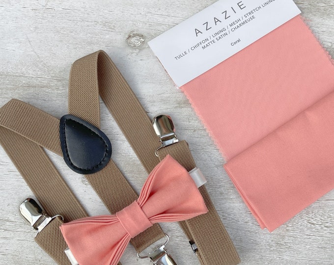Salmon Coral Bow Tie & Taupe Brown Suspenders , Groom Braces , Men's pocket square , Boy's Ring Bearer gift , Groomsmen Wedding set