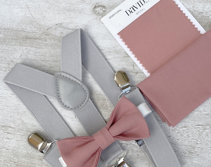 Desert Coral Bow Tie & Light Gray Suspenders , Men's pocket square , Boy's Ring Bearer gift , Groomsmen Wedding outfit