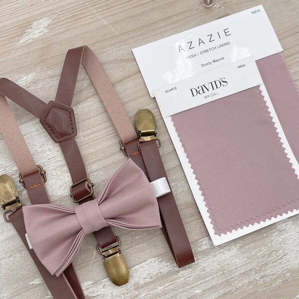 Dusty Mauve Pink Bow Tie & Leather Brown Skinny Suspenders , Men's Wedding Outfit , Boy's Ring Bearer gift , Groomsmen Gift , Groom Set