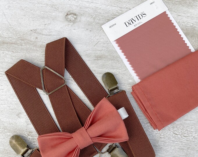 Sedona Bow Tie & Brown Suspenders , x - back braces , Men's pocket square , Boy's Ring Bearer gift , Groomsmen Wedding outfit
