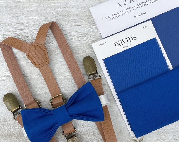Royal Blue Bow Tie & Leather Skinny Suspenders , Light Brown Braces , Men's pocket square , Boy's Ring Bearer Groomsmen Wedding outfit