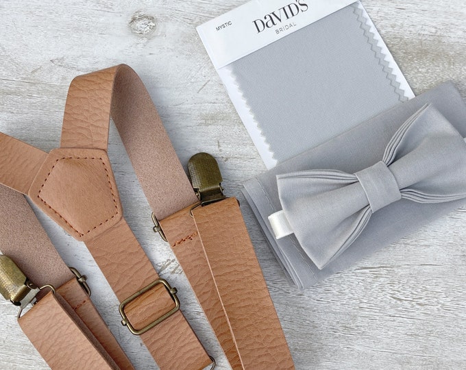 Mystic Gray Bow Tie & Leather Suspenders , Light Brown braces , Men's pocket square , Boy's Ring Bearer gift , Groomsmen Wedding outfit