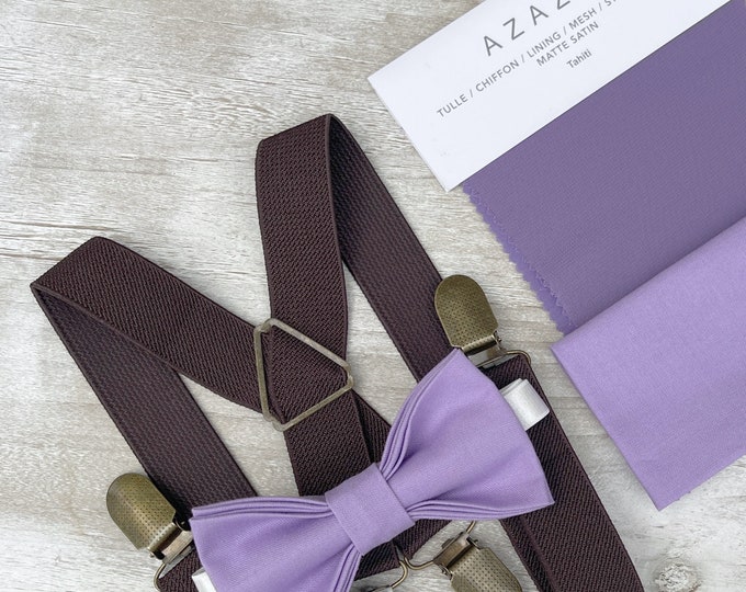 Tahiti Purple Bow Tie & Coffee Brown Suspenders , x - back Braces , Men's pocket square , Boy's Ring Bearer gift , Groomsmen Wedding outfit